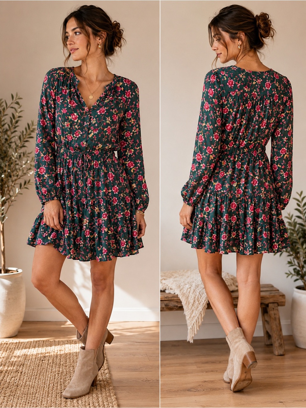 Free People Dark Green Floral Tiered Mini Dress